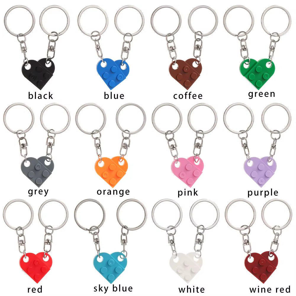 2Pcs Cute Love Heart Brick Keychain for Couples Friendship Women Men Girl Boy Lego Elements Key Ring Birthday Jewelry Gift