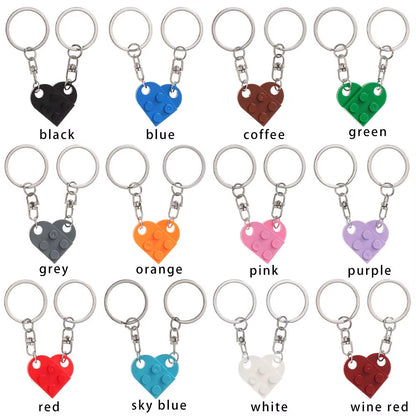 2Pcs Cute Love Heart Brick Keychain for Couples Friendship Women Men Girl Boy Lego Elements Key Ring Birthday Jewelry Gift