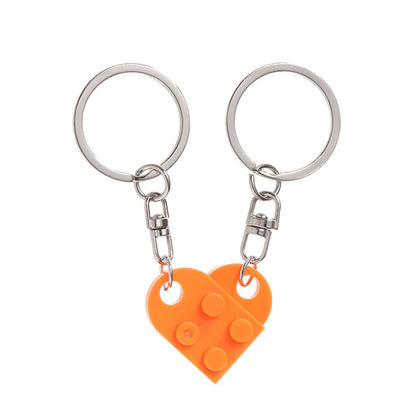 2Pcs Cute Love Heart Brick Keychain for Couples Friendship Women Men Girl Boy Lego Elements Key Ring Birthday Jewelry Gift