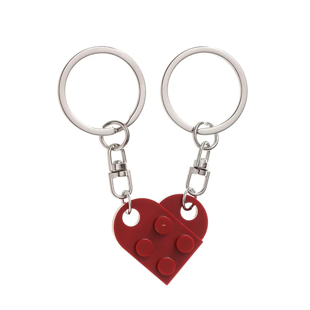 2Pcs Cute Love Heart Brick Keychain for Couples Friendship Women Men Girl Boy Lego Elements Key Ring Birthday Jewelry Gift