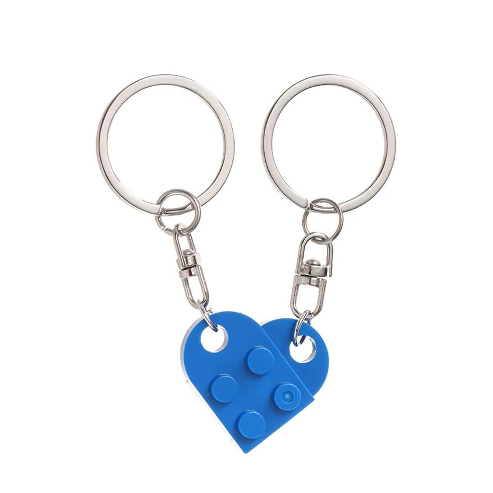 2Pcs Cute Love Heart Brick Keychain for Couples Friendship Women Men Girl Boy Lego Elements Key Ring Birthday Jewelry Gift