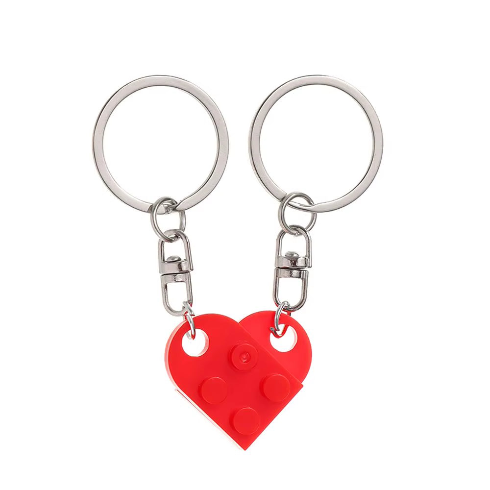 2Pcs Cute Love Heart Brick Keychain for Couples Friendship Women Men Girl Boy Lego Elements Key Ring Birthday Jewelry Gift