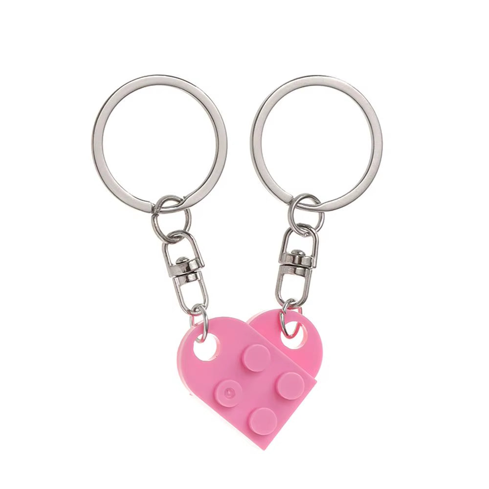2Pcs Cute Love Heart Brick Keychain for Couples Friendship Women Men Girl Boy Lego Elements Key Ring Birthday Jewelry Gift