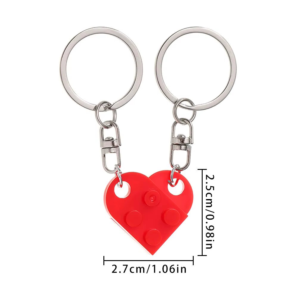 2Pcs Cute Love Heart Brick Keychain for Couples Friendship Women Men Girl Boy Lego Elements Key Ring Birthday Jewelry Gift