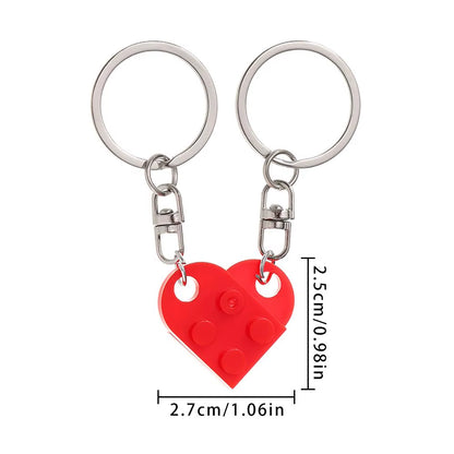 2Pcs Cute Love Heart Brick Keychain for Couples Friendship Women Men Girl Boy Lego Elements Key Ring Birthday Jewelry Gift