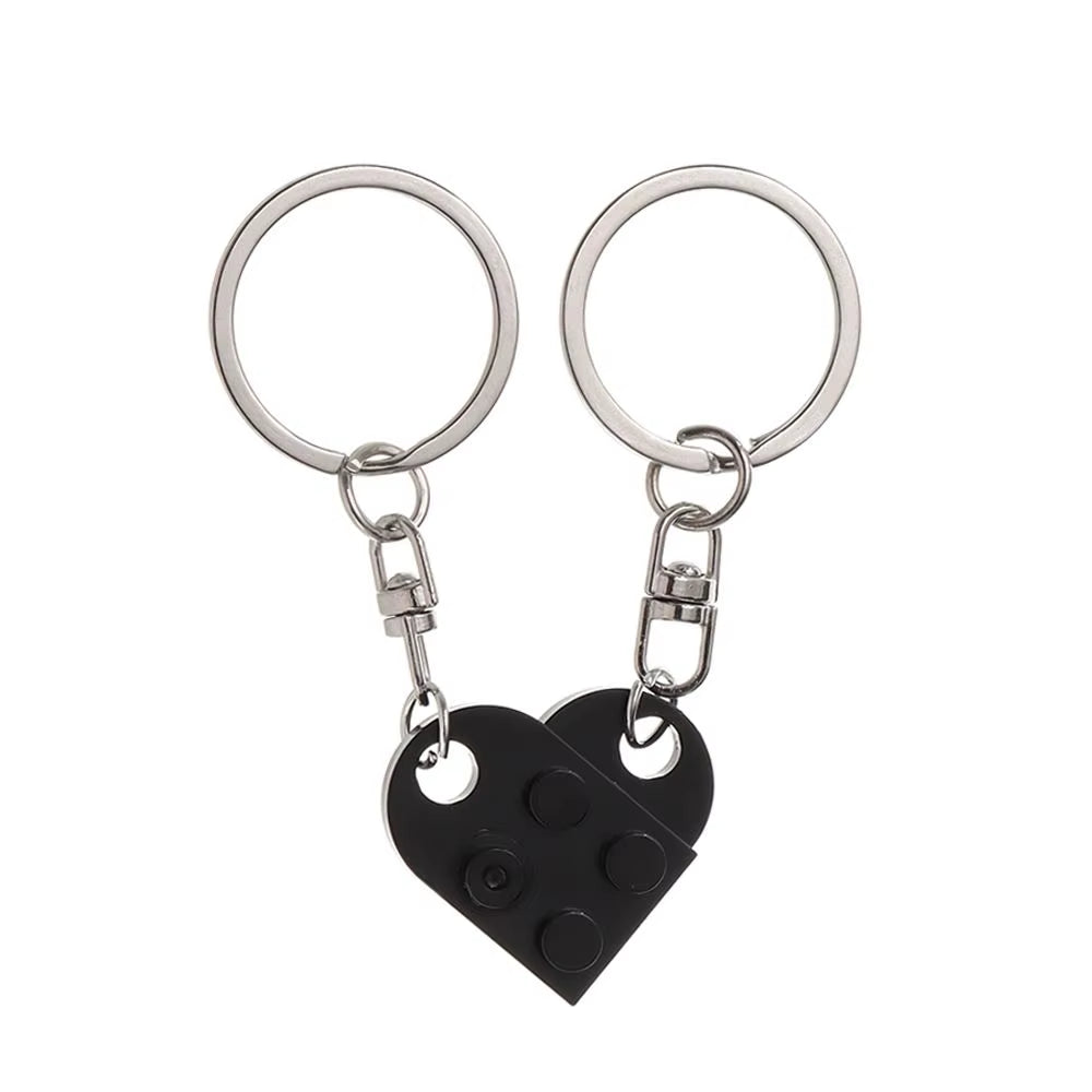 2Pcs Cute Love Heart Brick Keychain for Couples Friendship Women Men Girl Boy Lego Elements Key Ring Birthday Jewelry Gift