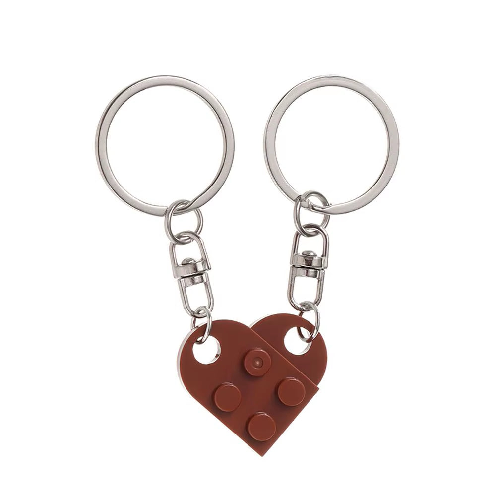 2Pcs Cute Love Heart Brick Keychain for Couples Friendship Women Men Girl Boy Lego Elements Key Ring Birthday Jewelry Gift