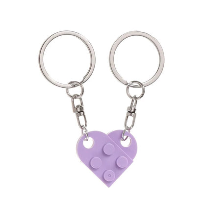 2Pcs Cute Love Heart Brick Keychain for Couples Friendship Women Men Girl Boy Lego Elements Key Ring Birthday Jewelry Gift